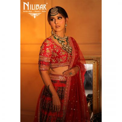 mehroon Silk and Chinon Bridal  Lehenga
