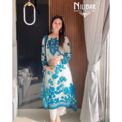 White & Blue Georgette Printed A-line Shirt & Dupatta
