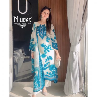 White & Blue Georgette Printed A-line Shirt & Dupatta