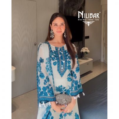 White & Blue Georgette Printed A-line Shirt & Dupatta