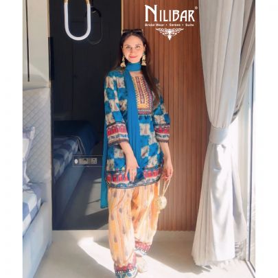 Blue Cotton Printed Mid length Shirt & Dupatta