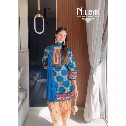 Blue Cotton Printed Mid length Shirt & Dupatta