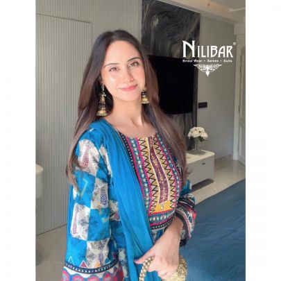 Blue Cotton Printed Mid length Shirt & Dupatta
