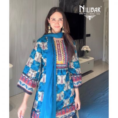 Blue Cotton Printed Mid length Shirt & Dupatta