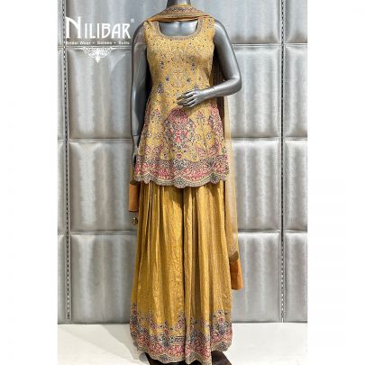 Sand Yellow Crepe Printed Flared Palazzo