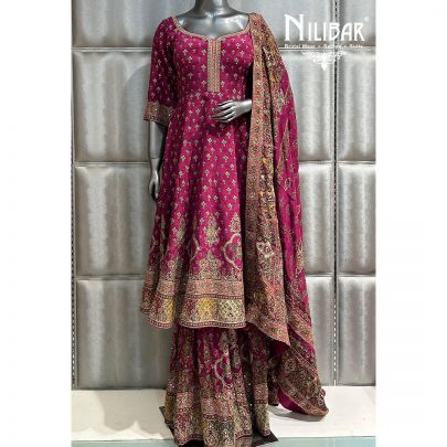 Hot Pink Crepe Long Anarkali Paired With Garara & Dupatta