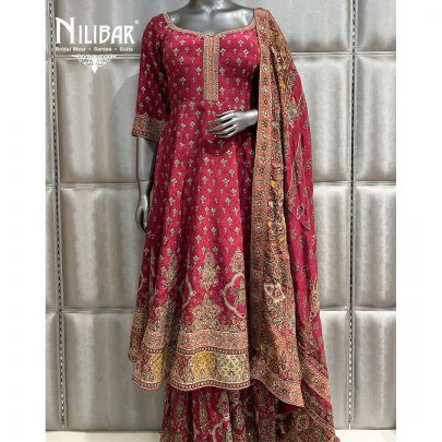 Hot Pink Crepe Long Anarkali Paired With Garara & Dupatta
