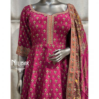 Hot Pink Crepe Long Anarkali Paired With Garara & Dupatta