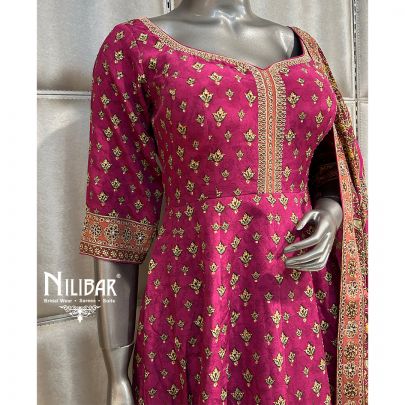 Hot Pink Crepe Long Anarkali Paired With Garara & Dupatta
