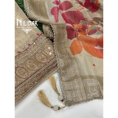 Gold Beige Tissue Unstitched Suit