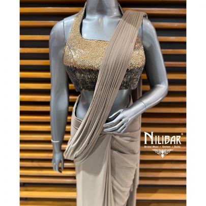 Mouse Lycra Embroidered Blouse Paired With Pre-Draped Saree