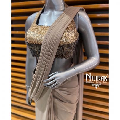 Mouse Lycra Embroidered Blouse Paired With Pre-Draped Saree