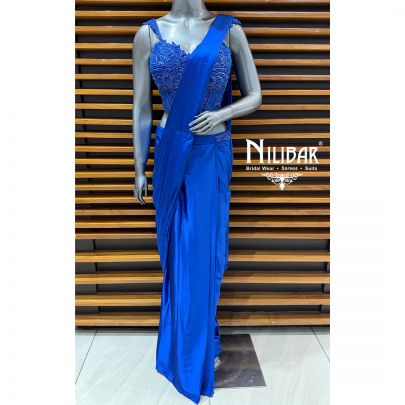 Electric Blue Satin Net Embroidered Blouse Paired With Pre-Draped Saree
