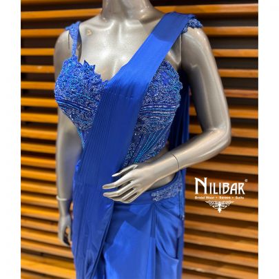 Electric Blue Satin Net Embroidered Blouse Paired With Pre-Draped Saree