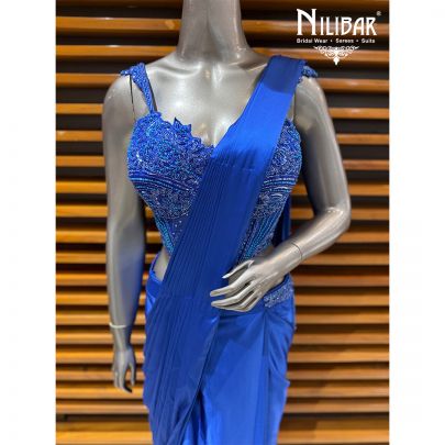 Electric Blue Satin Net Embroidered Blouse Paired With Pre-Draped Saree