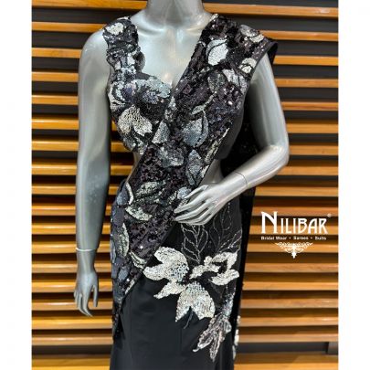 Black Silk Georgette Embroidered Blouse Paired With Pre-Draped Saree