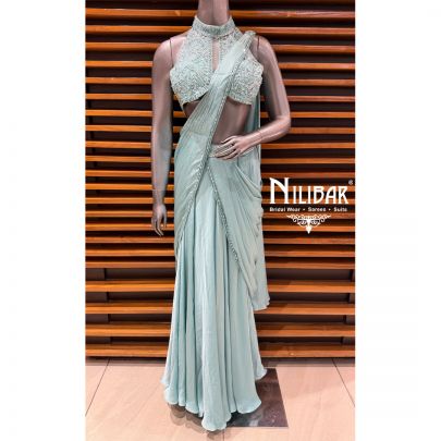 Sea Green Satin Net Embroidered Blouse Paired With Pre-Draped Saree
