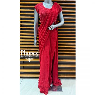 Red Georgette Embroidered Blouse Paired With Pre-Draped Saree