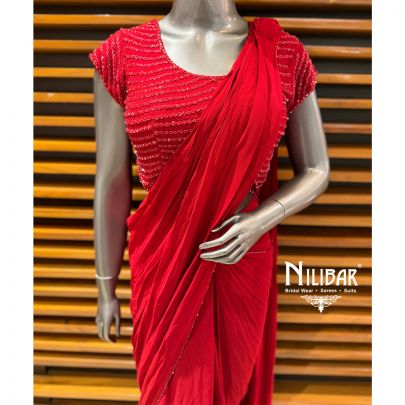 Red Georgette Embroidered Blouse Paired With Pre-Draped Saree