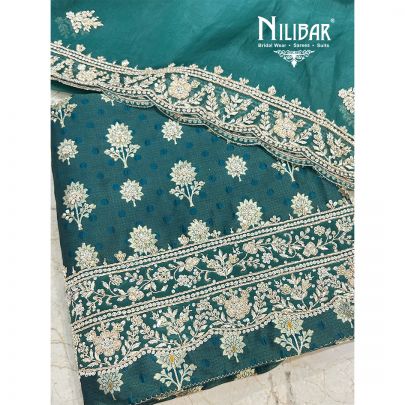 Peacock Green Silk Unstitched Suit Paired With Organza Dupatta