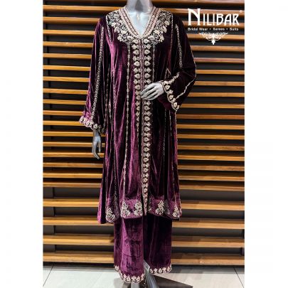 Wine Velvet A Line Kurta Paired With Loose Pants