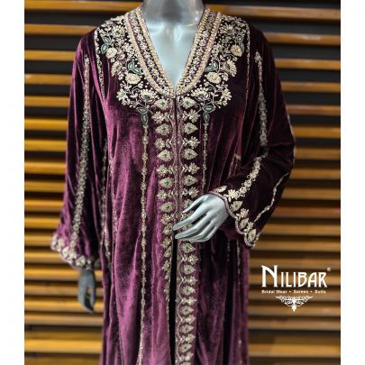 Wine Velvet A Line Kurta Paired With Loose Pants