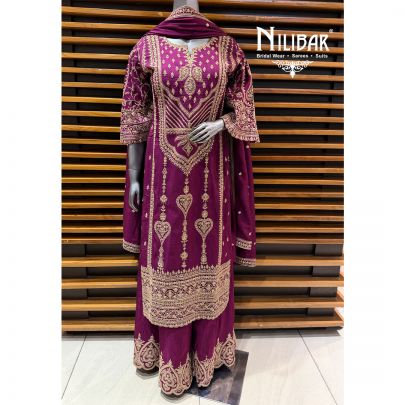Wine Silk Long Shirt Paired With Palazzo & Dupatta