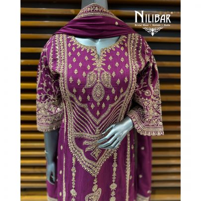 Wine Silk Long Shirt Paired With Palazzo & Dupatta