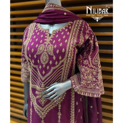 Wine Silk Long Shirt Paired With Palazzo & Dupatta