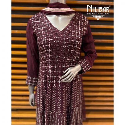 Wine Georgette Anarkali Paired With Chiffon Dupatta