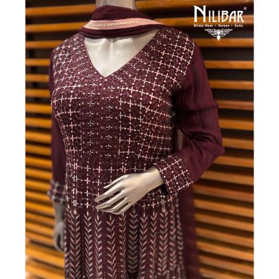 Wine Georgette Anarkali Paired With Chiffon Dupatta