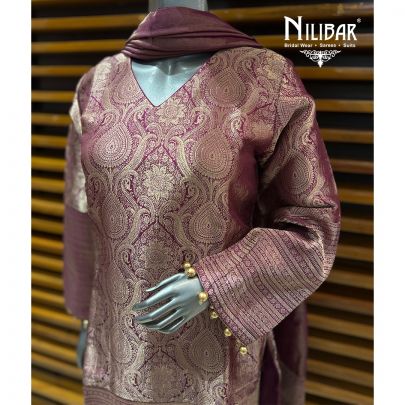 Wine Silk Straight Shirt Paired With Pants & Dupatta