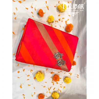 Rani Pink with Contrast orange and Golden Silk Saree