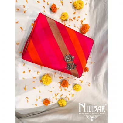Rani Pink with Contrast orange and Golden Silk Saree