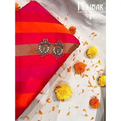 Rani Pink with Contrast orange and Golden Silk Saree