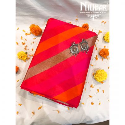 Rani Pink with Contrast orange and Golden Silk Saree