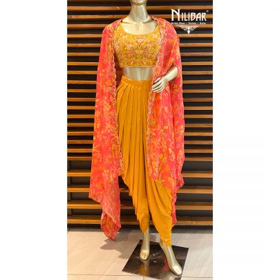 Mustard Yellow and Pink Georgette Dhoti Suit