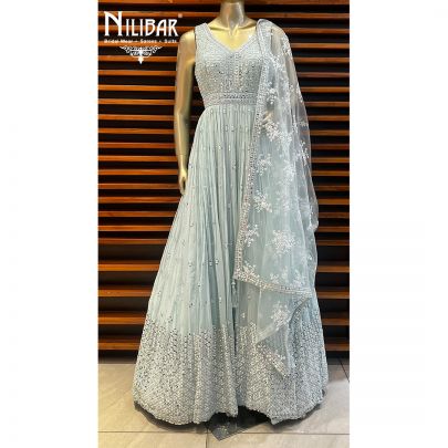 Ice Blue Chinon Anarkali Suit