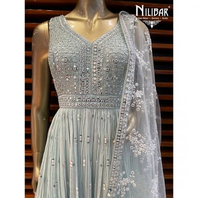 Ice Blue Chinon Anarkali Suit