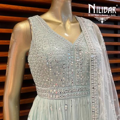 Ice Blue Chinon Anarkali Suit