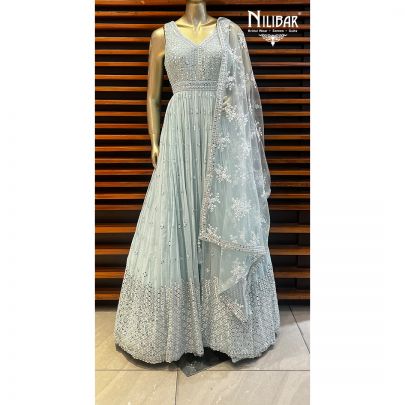 Ice Blue Chinon Anarkali Suit
