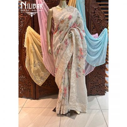 Off-White Net Floral Print Saree