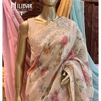 Off-White Net Floral Print Saree