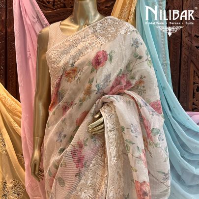 Off-White Net Floral Print Saree