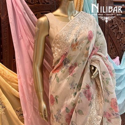 Off-White Net Floral Print Saree