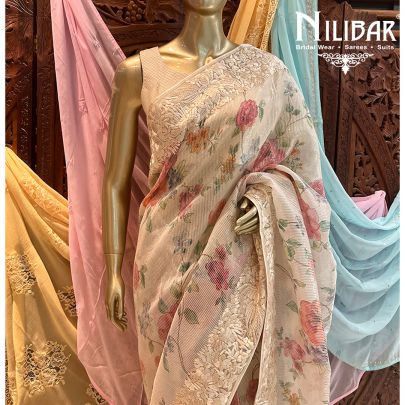 Off-White Net Floral Print Saree