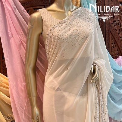 White Chinon Saree