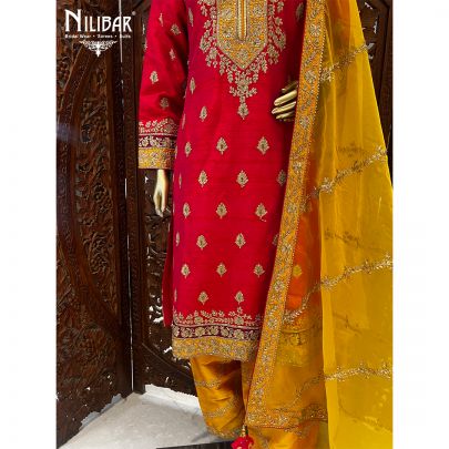 Red and Yellow Silk Salwar Suit