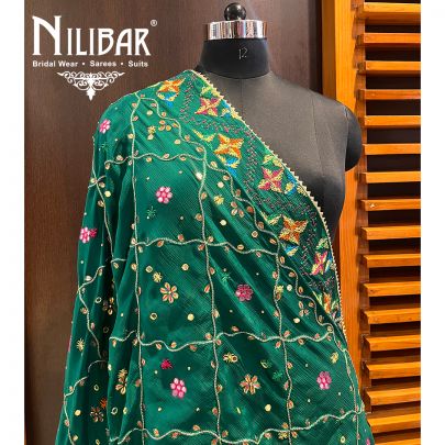 Bottle Green Chinon Phulkari Dupatta