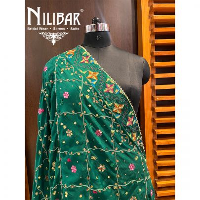 Bottle Green Chinon Phulkari Dupatta